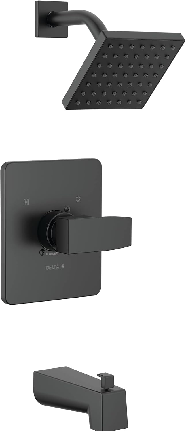 Delta Modern 14 Series Square Bathtub and Shower Faucet Set, Matte Black Shower Head and Handle Set, Valve Trim Kit, Matte Black T14467-BL-PP (Valve Not Included)
