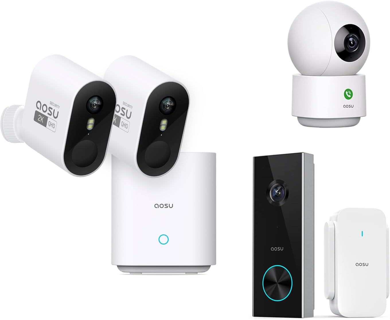 aosu 2K WirelessCam Pro System 2-Cam-Kit + Doorbell Camera + Indoor Camera