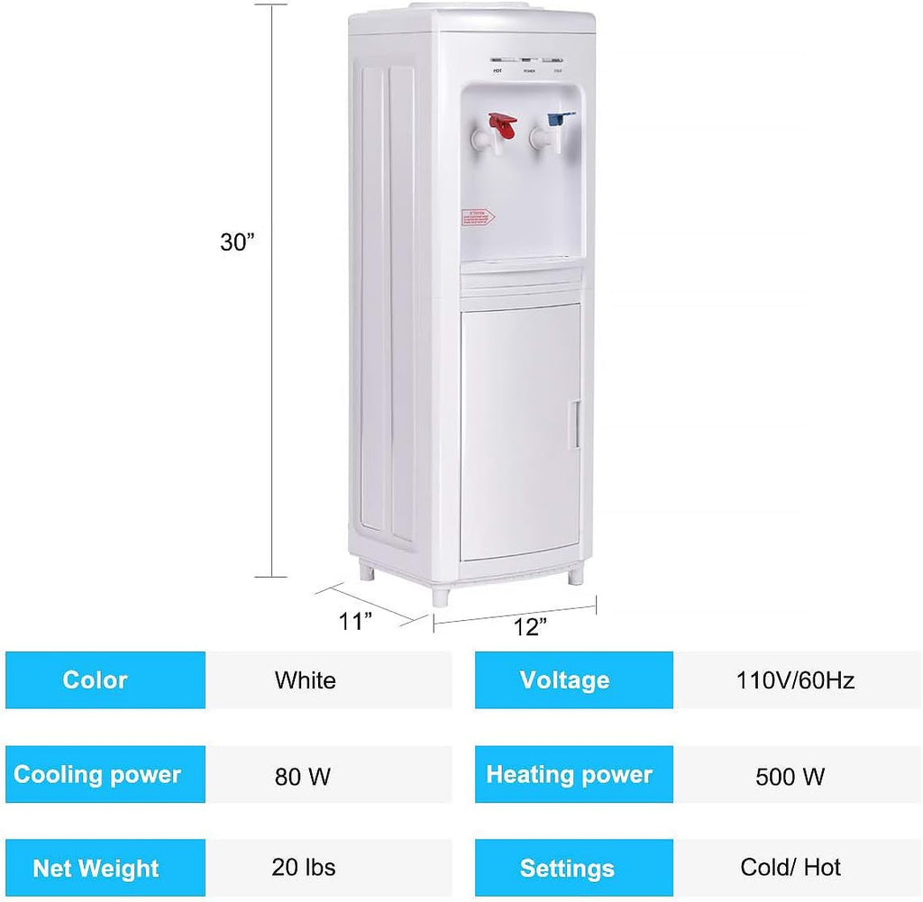 COSTWAY Water Cooler Dispenser for 3-5 Gallon Bottle, Top Loading Hot and Cold Water Dispenser with Storage Cabinet, Child Lock, Water Cooler with Compression Refrigeration Technology, White