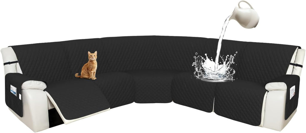 Arfntevss Recliner Sectional Couch Covers 1OO% Waterproof L Shape Sofa Cover for Reclining L Shaped Sectional Slipcover Set Dog Washable Corner Non Slip Furniture Protector (XL 5 Seater, Black)