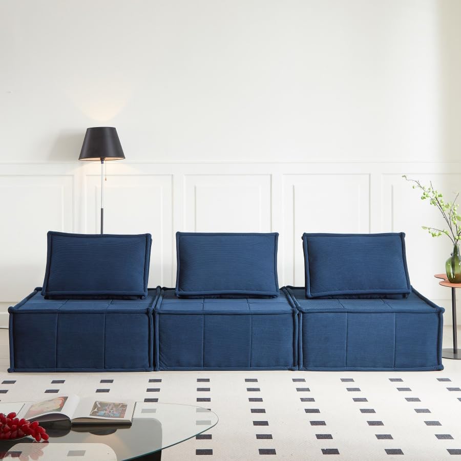PurrJoys Modular Sectional Sofa, 3-Piece 105' Deep Seat Corduroy Lounge Sofa with Movable Cushions, Modular Couch for Small Spaces, Living Room, Bedroom, Apartment, Office - Blue