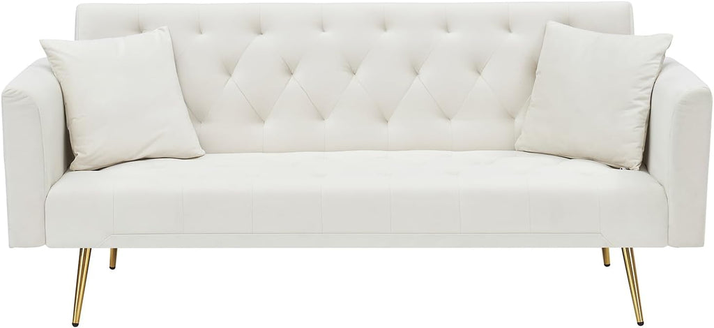 71' Modern Velvet Sofa Bed Futon, Convertible Sleeper Couch with Adjustable Backrest, Tufted Recliner Loveseat with Golden Chrome Legs & 2 Pillows for Small Spaces, Living Room, Apartment (Beige)