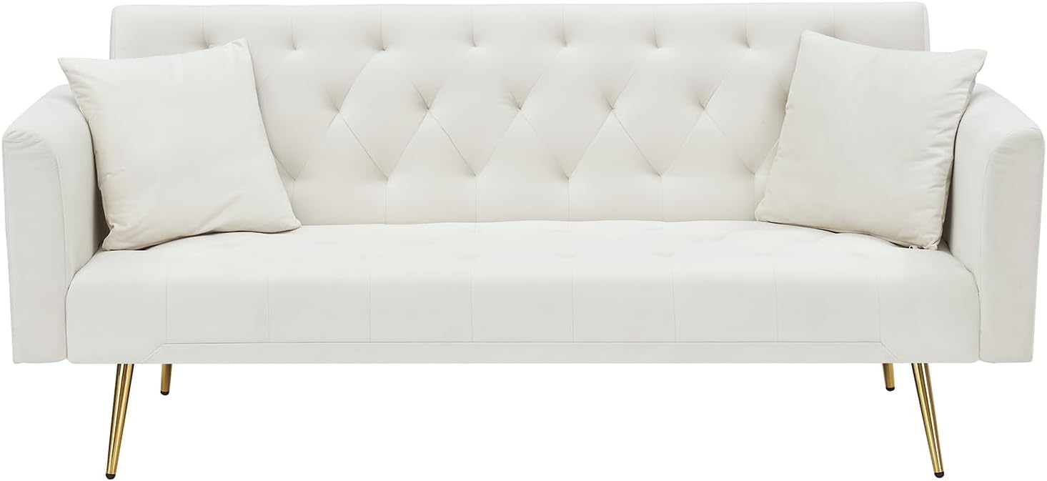 71' Modern Velvet Sofa Bed Futon, Convertible Sleeper Couch with Adjustable Backrest, Tufted Recliner Loveseat with Golden Chrome Legs & 2 Pillows for Small Spaces, Living Room, Apartment (Beige)