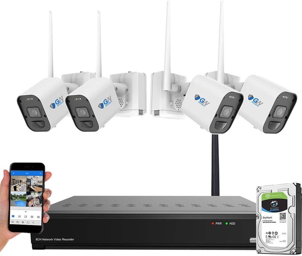 GW Security 8 Channel 4K WiFi Security Camera System, 8ch 4K NVR with 4 x 8MP WiFi Wireless Bullet Two-Way Audio Security Cameras, Spotlight Color Night Vision, Outdoor Indoor Surveillance