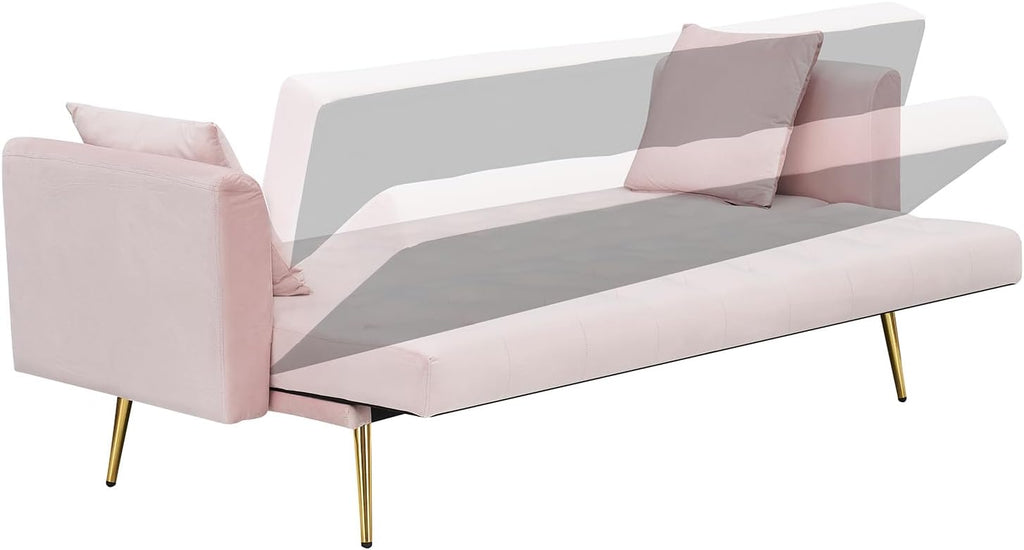 71' Modern Velvet Sofa Bed Futon, Convertible Sleeper Couch with Adjustable Backrest, Tufted Recliner Loveseat with Golden Chrome Legs & 2 Pillows for Small Spaces, Living Room, Apartment (Pink)