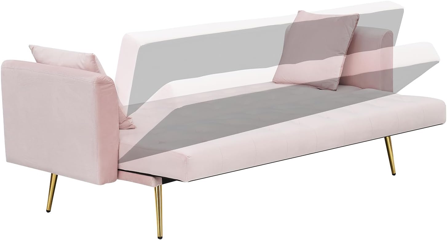 71' Modern Velvet Sofa Bed Futon, Convertible Sleeper Couch with Adjustable Backrest, Tufted Recliner Loveseat with Golden Chrome Legs & 2 Pillows for Small Spaces, Living Room, Apartment (Pink)