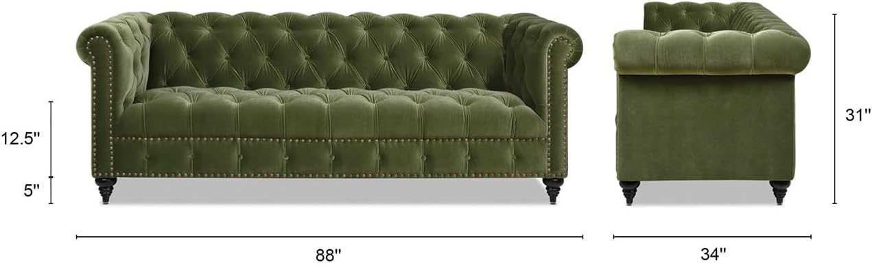Jennifer Taylor Home Alto 88' Tufted Chesterfield Sofa, Olive Green Performance Velvet