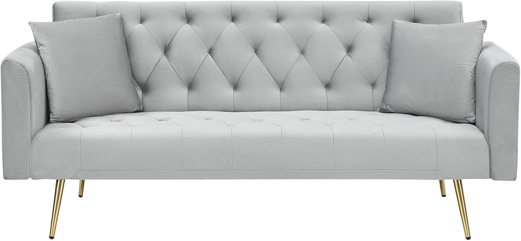 71' Modern Velvet Sofa Bed Futon, Convertible Sleeper Couch with Adjustable Backrest, Tufted Recliner Loveseat with Golden Chrome Legs & 2 Pillows for Small Spaces, Living Room, Apartment (Gray)