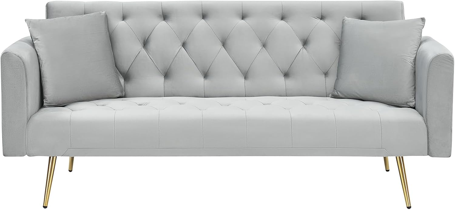 71' Modern Velvet Sofa Bed Futon, Convertible Sleeper Couch with Adjustable Backrest, Tufted Recliner Loveseat with Golden Chrome Legs & 2 Pillows for Small Spaces, Living Room, Apartment (Gray)