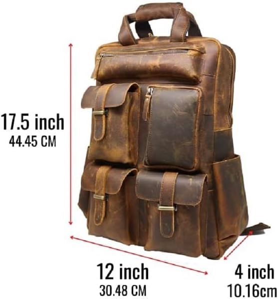 Jaald Leather Laptop Backpack Rucksack Multipocket Full Grain Leather Gaming Laptop Bag School Daypack For Men Anti-Theft Pocket Brown