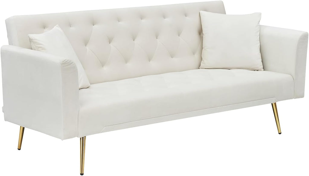 71' Modern Velvet Sofa Bed Futon, Convertible Sleeper Couch with Adjustable Backrest, Tufted Recliner Loveseat with Golden Chrome Legs & 2 Pillows for Small Spaces, Living Room, Apartment (Beige)