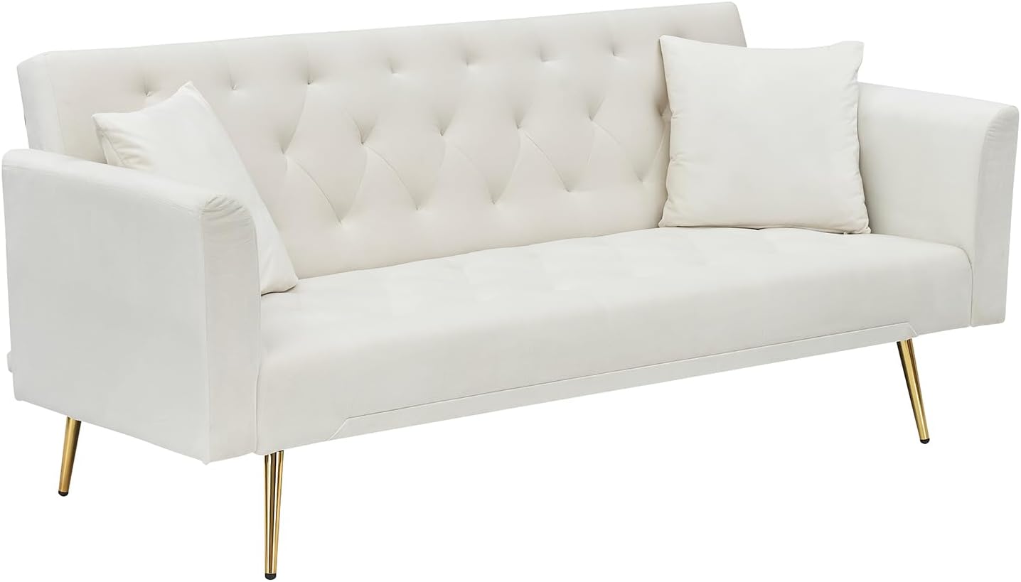 71' Modern Velvet Sofa Bed Futon, Convertible Sleeper Couch with Adjustable Backrest, Tufted Recliner Loveseat with Golden Chrome Legs & 2 Pillows for Small Spaces, Living Room, Apartment (Beige)