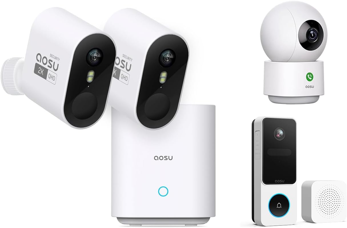 aosu 2K WirelessCam Pro System 2-Cam-Kit + Indoor Camera + Doorbell Camera