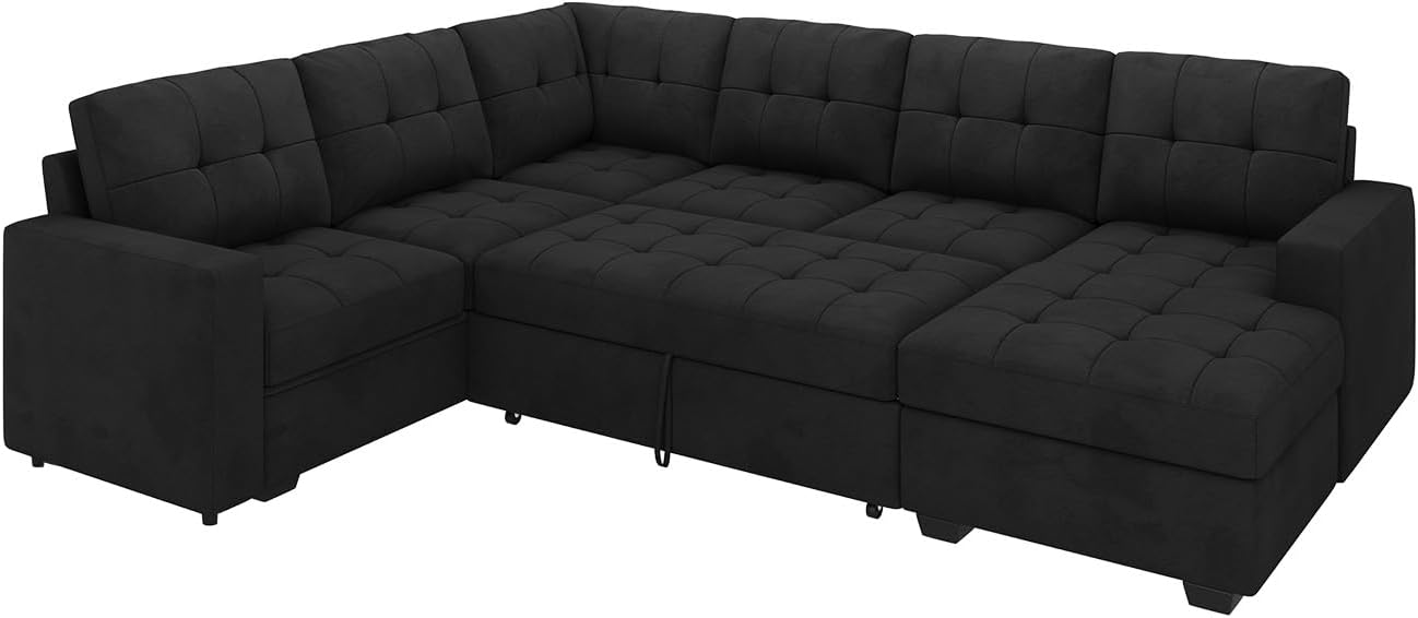 HONBAY Sectional Sleeper Sofa with Pull Out Bed, Sleeper Sectional Couch for Living Room, Sleeper Sofa Bed with Storage Chaise, Velvet Black