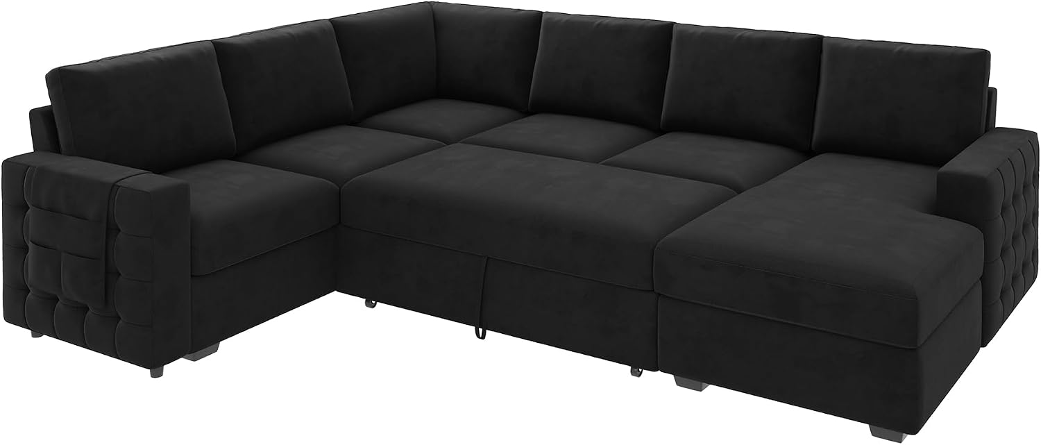 HONBAY Sectional Sleeper Sofa with Pull-Out Bed Storage Chaise, 6 Seater Couch for Living Room, Black