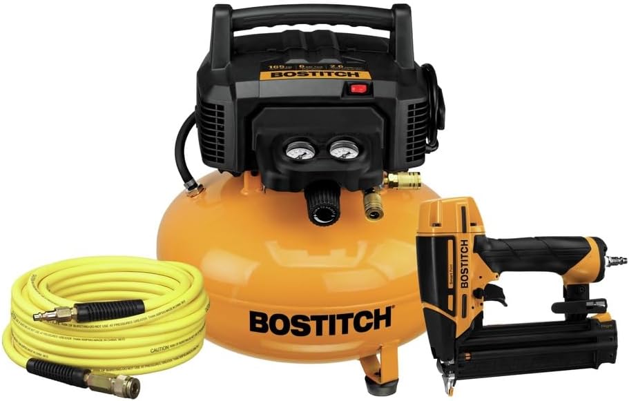 Bostitch 6 Gallon Pancake Air Compressor with 150 Max PSI, 2.6 CFM @ 90 PSI and SmartPoint 18 Gauge Brad Nailer Premium Combo Kit