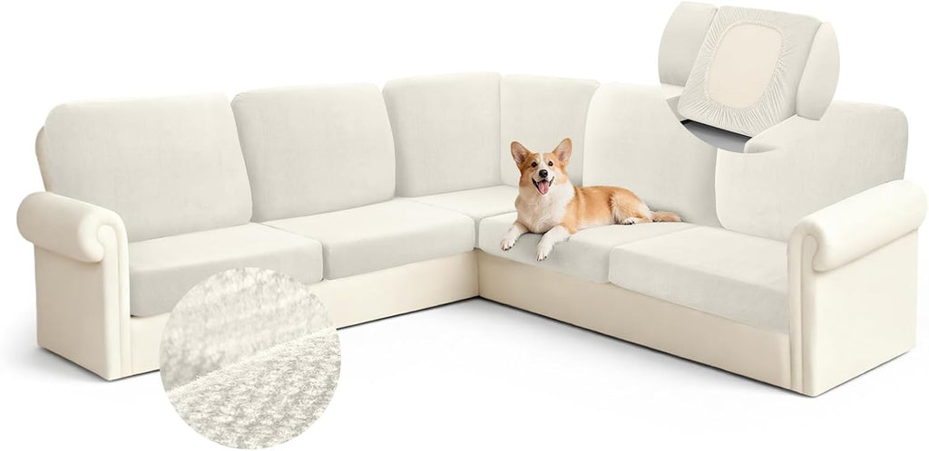 Arfntevss Velvet Corner Sectional Couch Covers Slipcovers L Shape Couch Cushion Covers Fitted Stretch Pet Sofa Covers Non-slip U Shaped Furniture Protector (5 Seat Covers 6 Back Cushion Covers, Ivory)