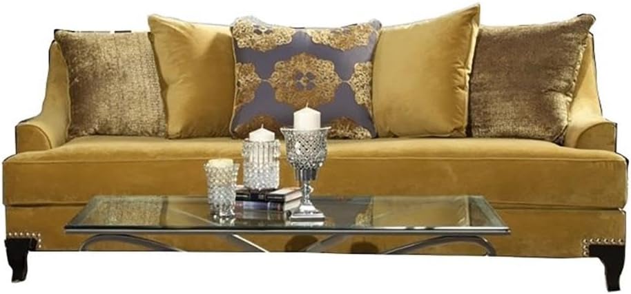 BOWERY HILL Traditional Velvet Upholstered Sofa, Gold Finish, Premium Velvet Fabric, Solid Wood Frame, 91' W x 40' D x 38' H, Includes Accent Pillows, Nailhead Trim, Comfortable Living Room Seating