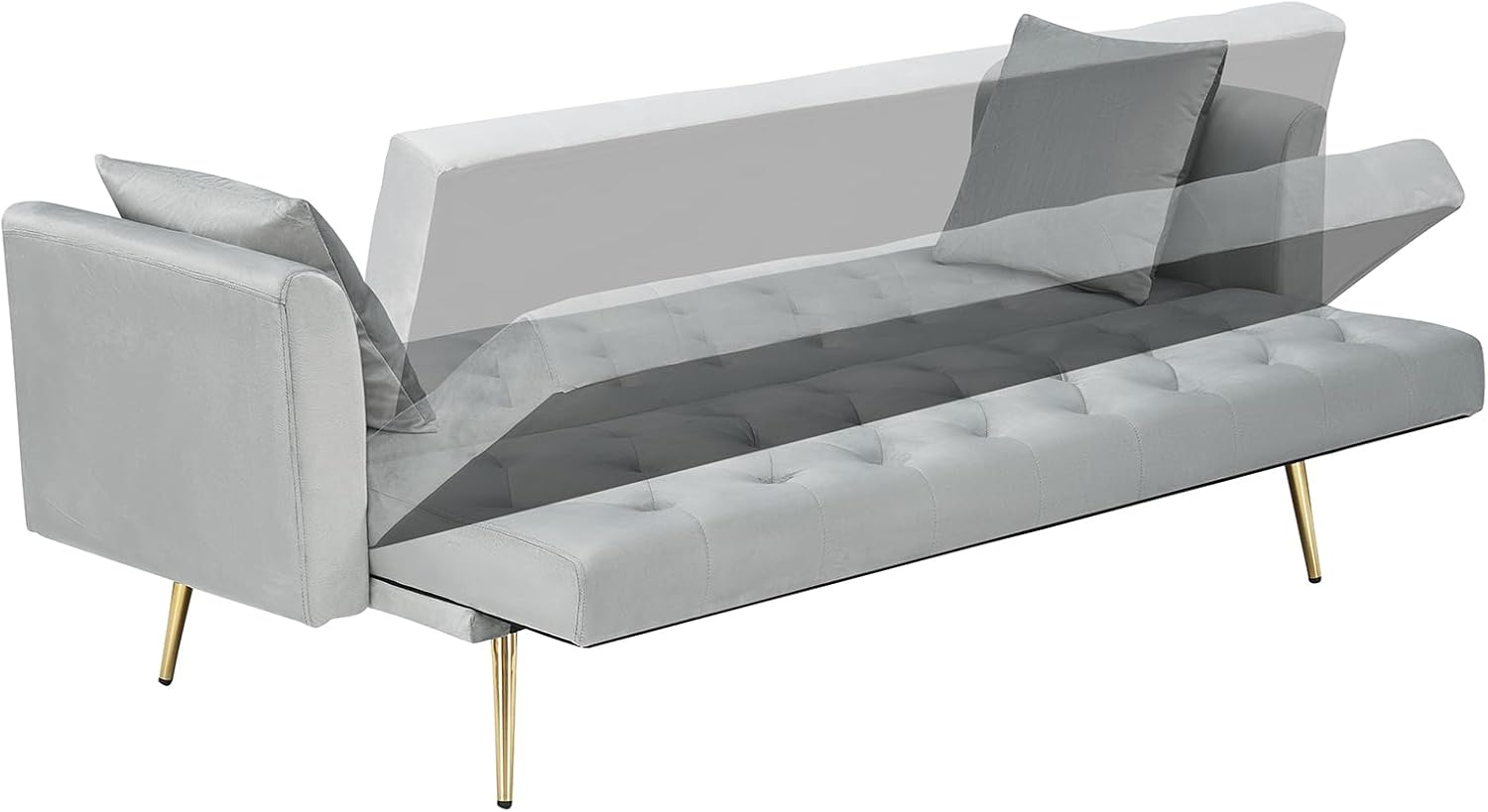 71' Modern Velvet Sofa Bed Futon, Convertible Sleeper Couch with Adjustable Backrest, Tufted Recliner Loveseat with Golden Chrome Legs & 2 Pillows for Small Spaces, Living Room, Apartment (Gray)