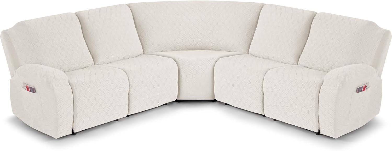 VANSOFY Extra Large Reclining Sectional Couch Covers, Washable 5-Piece Sofa Covers for L Shape Sectional Sofa Corner Seater, Thick, Soft Sofa Slipcovers (5 Seat Recliner Cover, Off White)