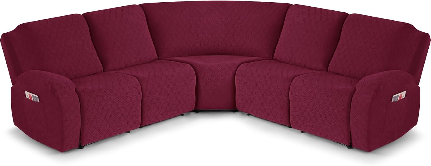 VANSOFY Extra Large Reclining Sectional Couch Covers, Washable 5-Piece Sofa Covers for L Shape Sectional Sofa Corner Seater, Thick, Soft Sofa Slipcovers (5 Seat Recliner Cover, Burgundy)