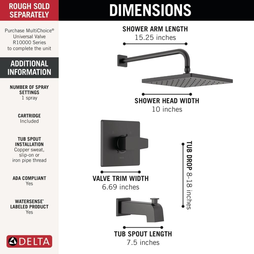 Delta Modern 14 Series Square Rain Bathtub and Shower Faucet Set, Rainfall Matte Black Shower Head and Handle Set, Valve Trim Kit, 10 Inch, Matte Black T14468-BL-PP (Valve Not Included)