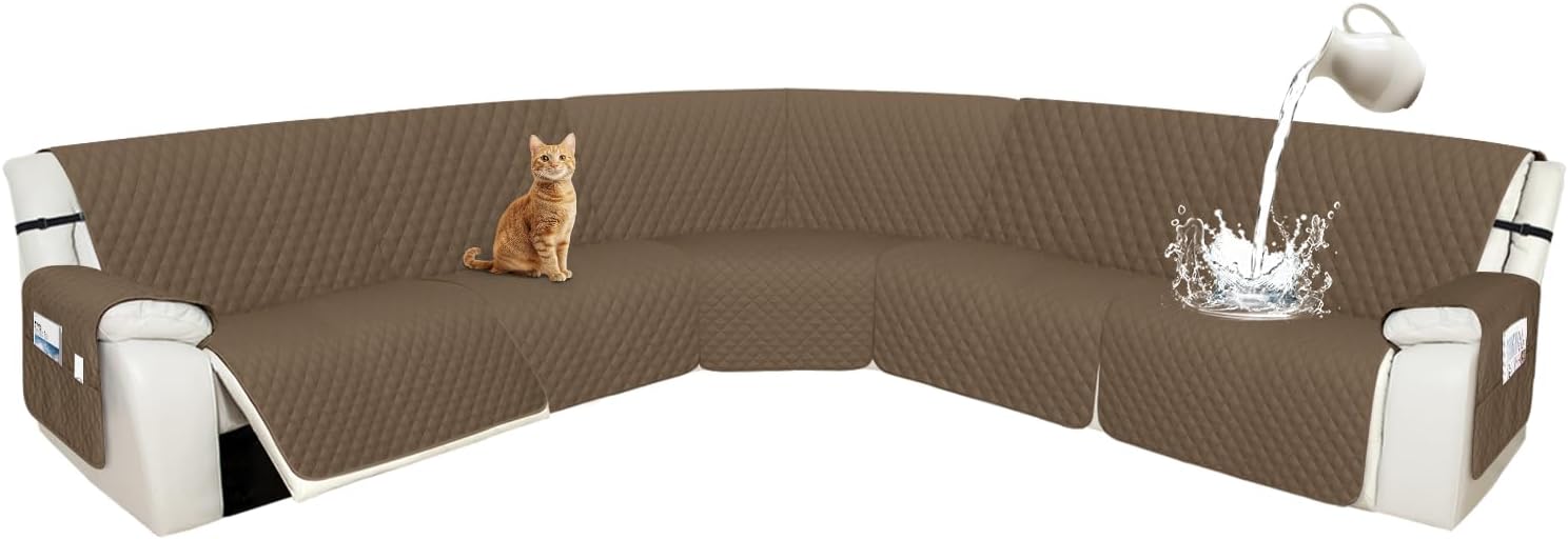 Arfntevss Recliner Sectional Couch Covers 1OO% Waterproof L Shape Sofa Cover for Reclining L Shaped Sectional Slipcover for Dog Washable Corner Furniture Protector (XXL 5 Seat Cover, Light Brown)