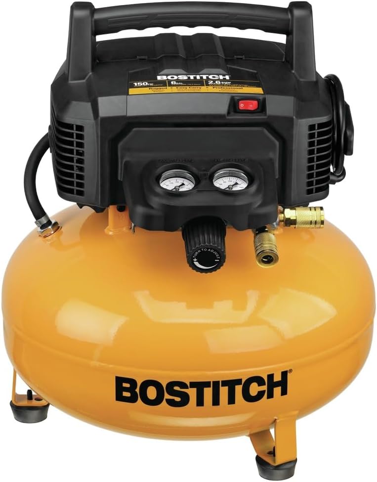 Bostitch 6 Gallon Pancake Air Compressor with 150 Max PSI, 2.6 CFM @ 90 PSI and SmartPoint 18 Gauge Brad Nailer Premium Combo Kit