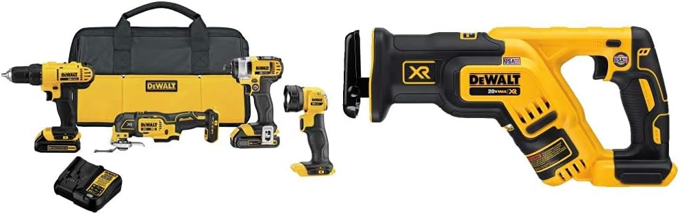 DEWALT 20V MAX* Cordless Drill Combo Kit, 4-Tool (DCK444C2) with DEWALT 20V MAX* XR Reciprocating Saw, Compact, Tool Only (DCS367B)