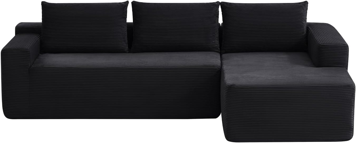 96 Inch Cloud Sectional Couch,Modern Modular Sectional Sofa with Deep Seat,Corduroy Boneless Couches with L-Shape Chaise for Living Room Bedroom,No Assembly Required (Black, Right Facing Chaise)