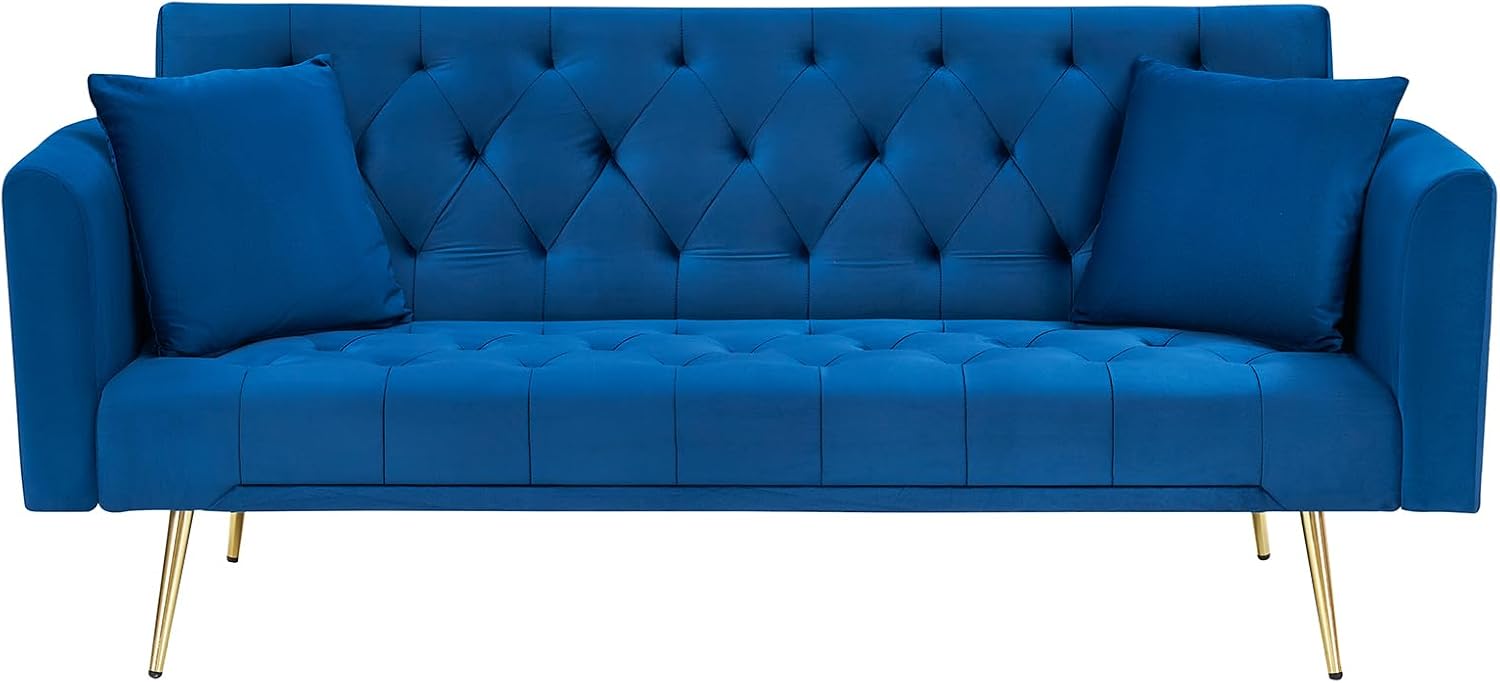 71' Modern Velvet Sofa Bed Futon, Convertible Sleeper Couch with Adjustable Backrest, Tufted Recliner Loveseat with Golden Chrome Legs & 2 Pillows for Small Spaces, Living Room, Apartment (Blue)