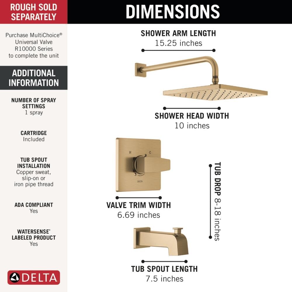 Delta Modern 14 Series Square Rain Bathtub and Shower Faucet Set, Rainfall Brushed Gold Shower Head and Handle Set, Valve Trim Kit, 10 Inch, Champagne Bronze T14468-CZ-PP (Valve Not Included)