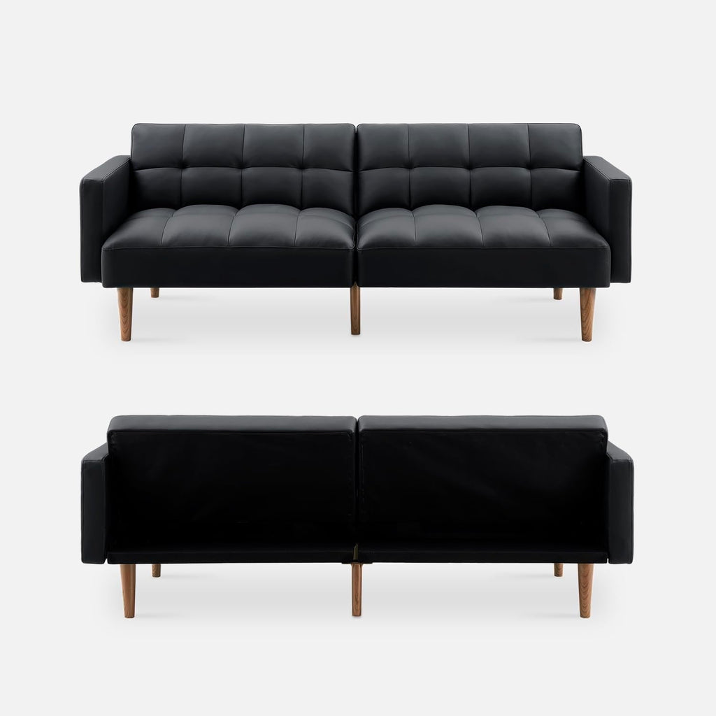mopio 76.4' Futon Sofa Bed, Couch, Loveseat, Sleeper Sofa, Mid Century Modern Futon Couch, Sofa Cama, Couches for Living Room (Aaron PU, Midnight Black)