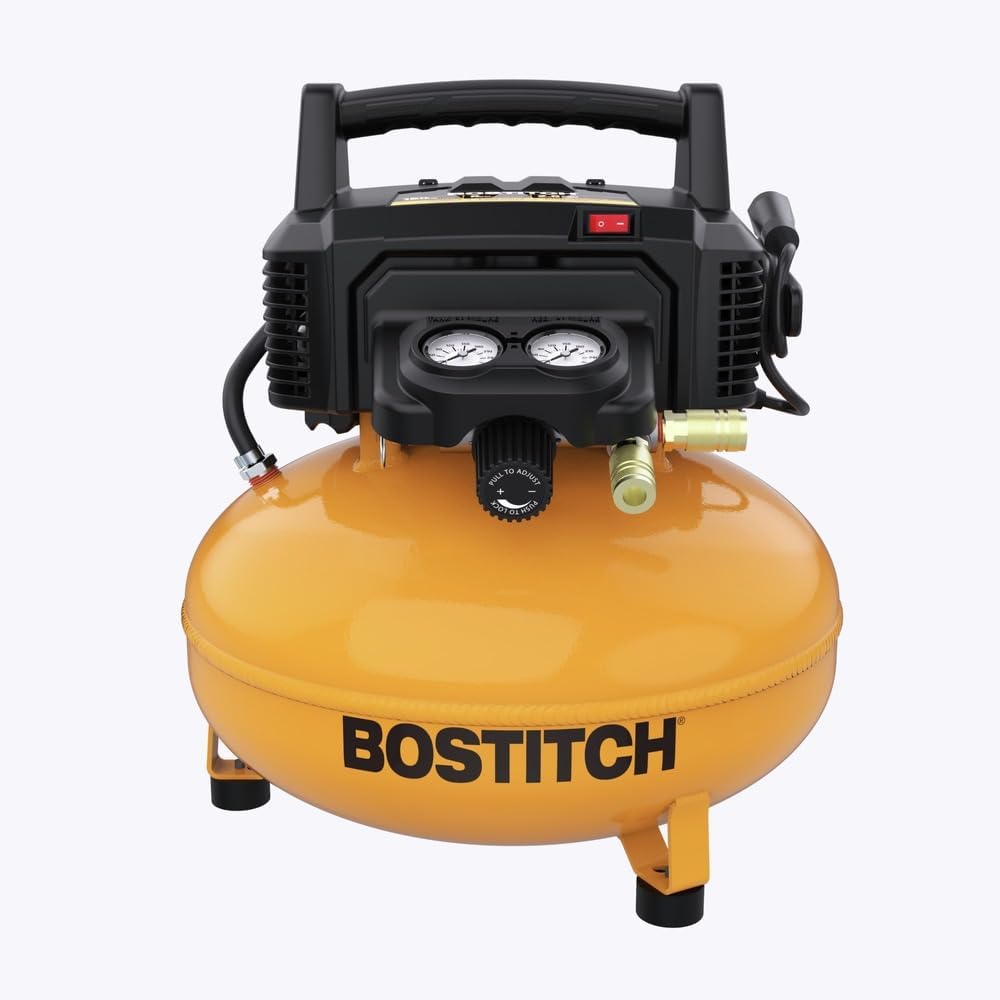 Bostitch 6 Gallon Pancake Air Compressor with 150 Max PSI, 2.6 CFM @ 90 PSI and SmartPoint 18 Gauge Brad Nailer Premium Combo Kit