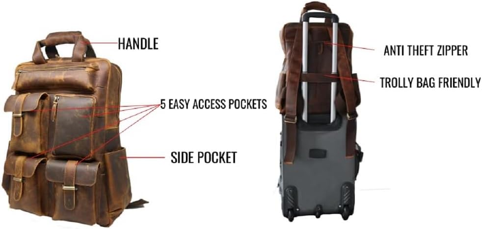 Jaald Leather Laptop Backpack Rucksack Multipocket Full Grain Leather Gaming Laptop Bag School Daypack For Men Anti-Theft Pocket Brown