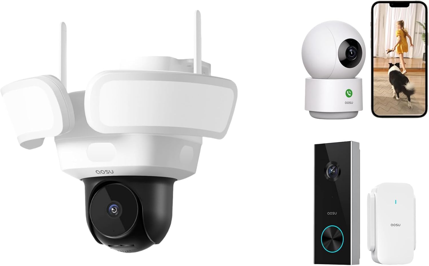 aosu Floodlightcam Pro Wired + 2K Indoor Camera + 2K Doorbell Camera