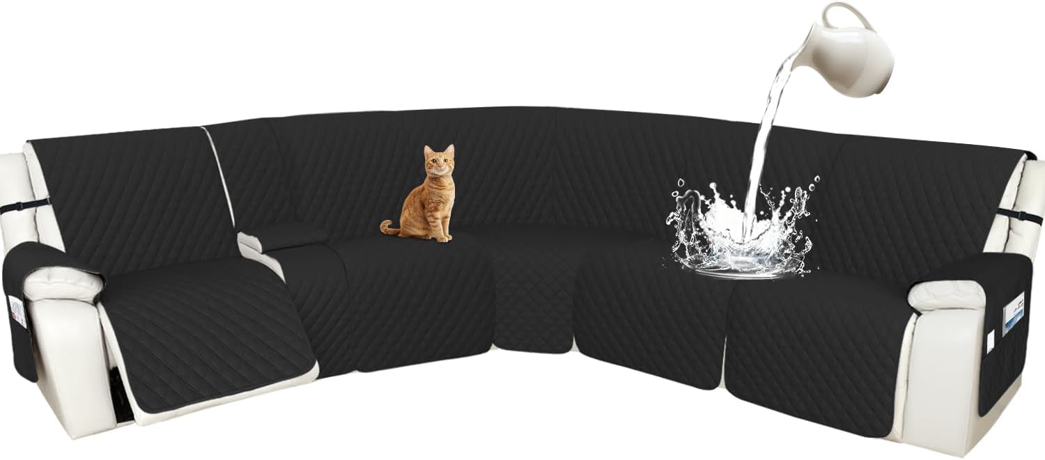 Arfntevss Recliner Sectional Couch Covers 1OO% Waterproof L Shape Sofa Cover for Reclining L Shaped Sectional Slipcover Dog Washable Corner Non Slip Protector (XL 5 Seater with 1 Console, Black)