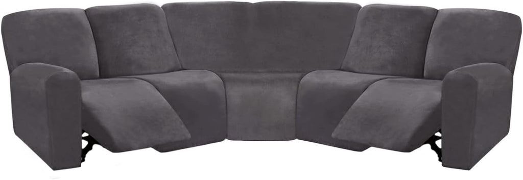 ULTICOR 7-Piece Sectional Sofa Covers, Velvet Stretch Reclining Couch Covers for Reclining L Shape Sofa, Thick, Soft, Washable (Dark Grey, 5 Seat Recliner Cover)