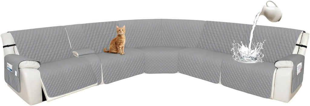 Arfntevss Recliner Sectional Couch Covers 1OO% Waterproof L Shape Sofa Cover for Reclining L Shaped Sectional Slipcover Dog Washable Corner Protector (XXL 5 Seater with 1 Console, Silvery Gray)