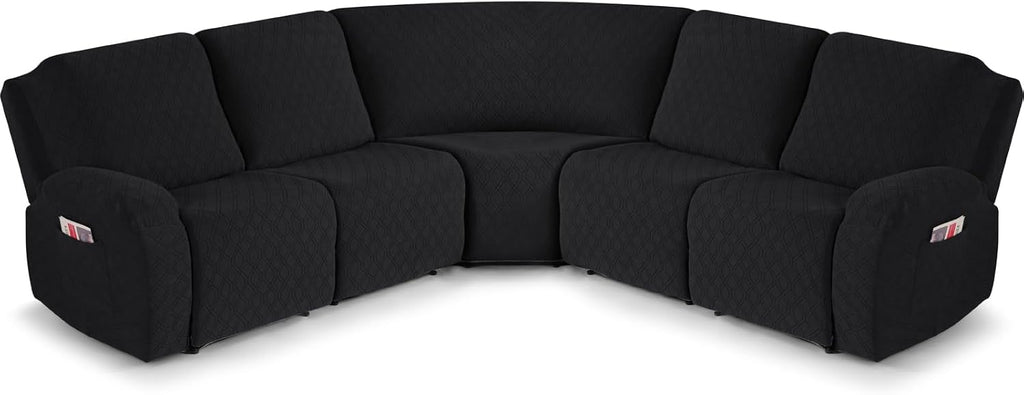 VANSOFY Extra Large Reclining Sectional Couch Covers, Washable 5-Piece Sofa Covers for L Shape Sectional Sofa Corner Seater, Thick, Soft Sofa Slipcovers (5 Seat Recliner Cover，Black)