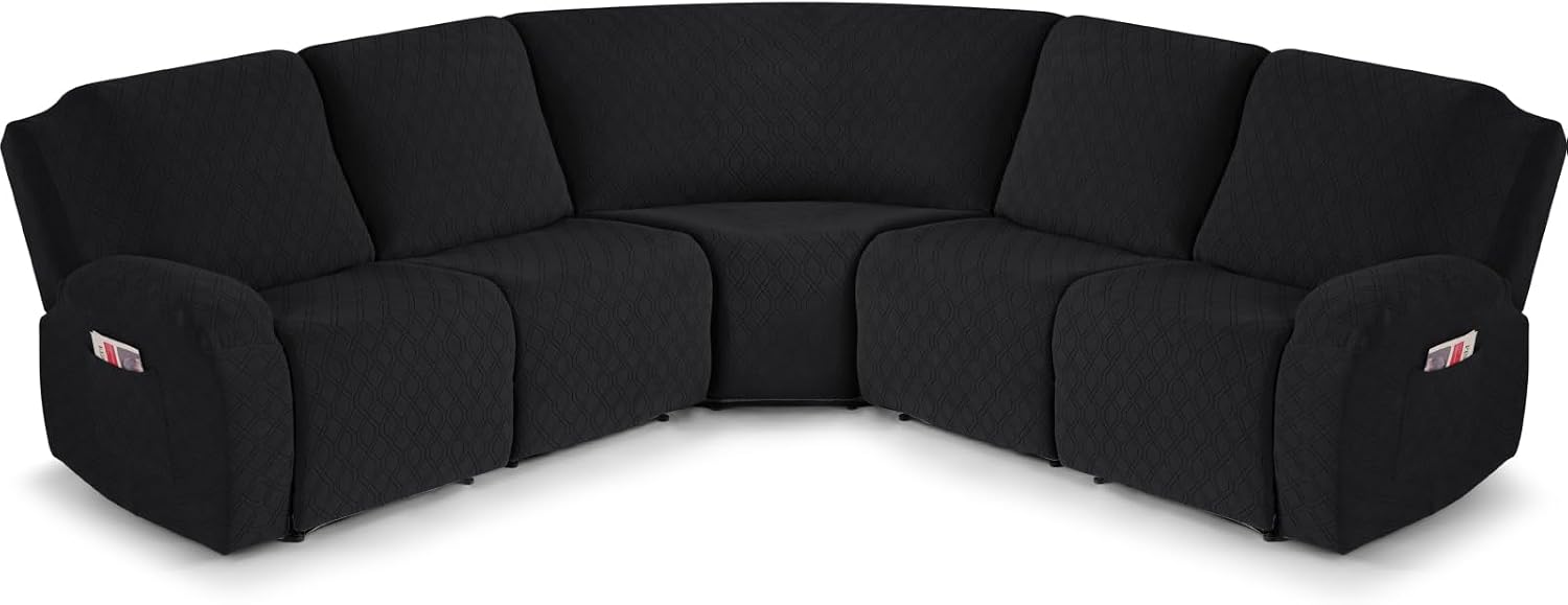 VANSOFY Extra Large Reclining Sectional Couch Covers, Washable 5-Piece Sofa Covers for L Shape Sectional Sofa Corner Seater, Thick, Soft Sofa Slipcovers (5 Seat Recliner Cover，Black)