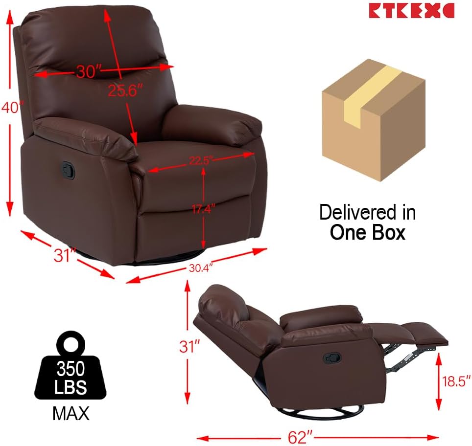 Recliner Sofa Rocking Chair Swivel Manual Adjustable 360 Degree Spinning with Ergonomics Lumbar Support Natural Leather for Home Theater Seating Living Room, Bedroom, Nursery Brown