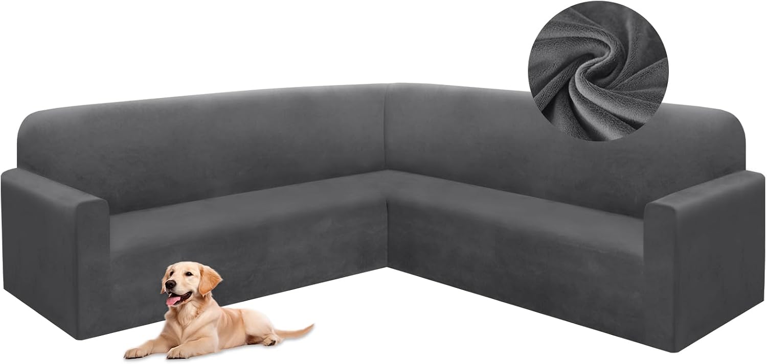 HDCAXKJ Corner Sectional Couch Covers Velvet Stretch L Shape Sofa Cover Soft Thick Sectional Slipcovers Set U Shaped Living Room Non Slip Magic Furniture Protector for Pet Dogs (Dark Gray, Small)