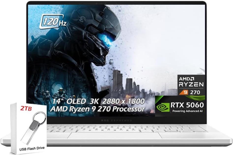 ASUS ROG Zephyrus G14 Gaming Laptop, 14' OLED 3K 120Hz 500nits, AMD Ryzen 9 270, NVIDIA GeForce RTX 5060, Wi-Fi7, Backlit KB, Win11, Platinum White, (16GB RAM 1TB SSD), w/2TB USB Drive, W/GaLiMu