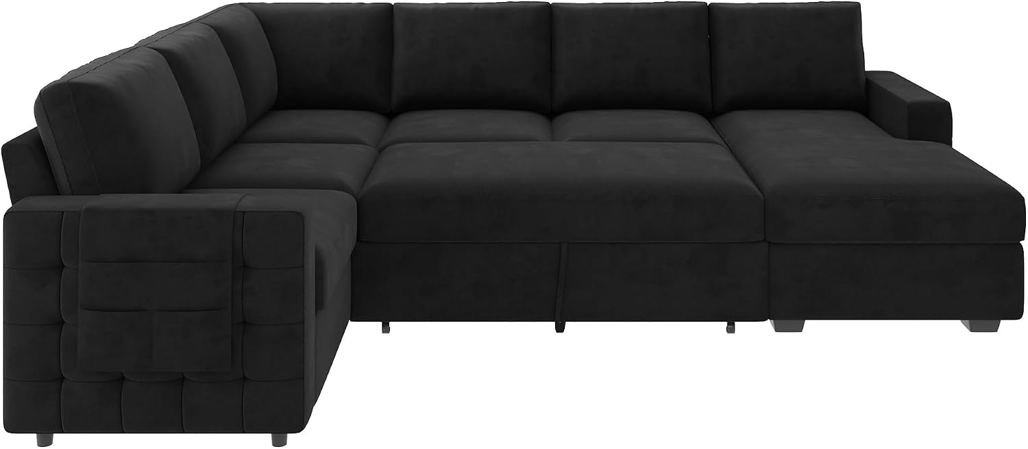 HONBAY Sectional Sleeper Sofa with Pull Out Bed U-Shape Sectional Couch with Storage Chaise 6 Seater Sleeper Sectional Sofa Bed, Velvet Black