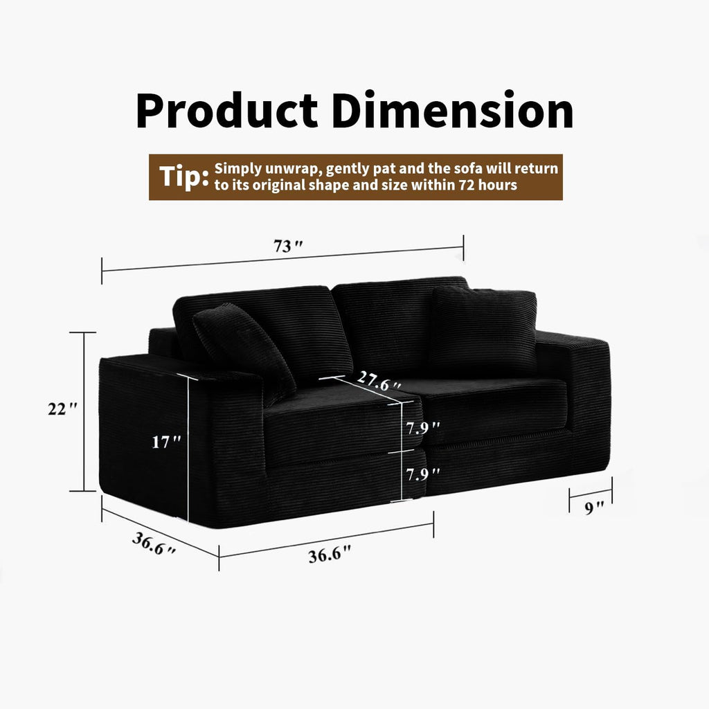 FILUXE Modular Sectional Sofa, Modern Modular Sofa Couch with Deep Seat，Comfy Cloud Couch, Sectional Couches for Living Room, Bedroom and Apartment，2-Seater，Black