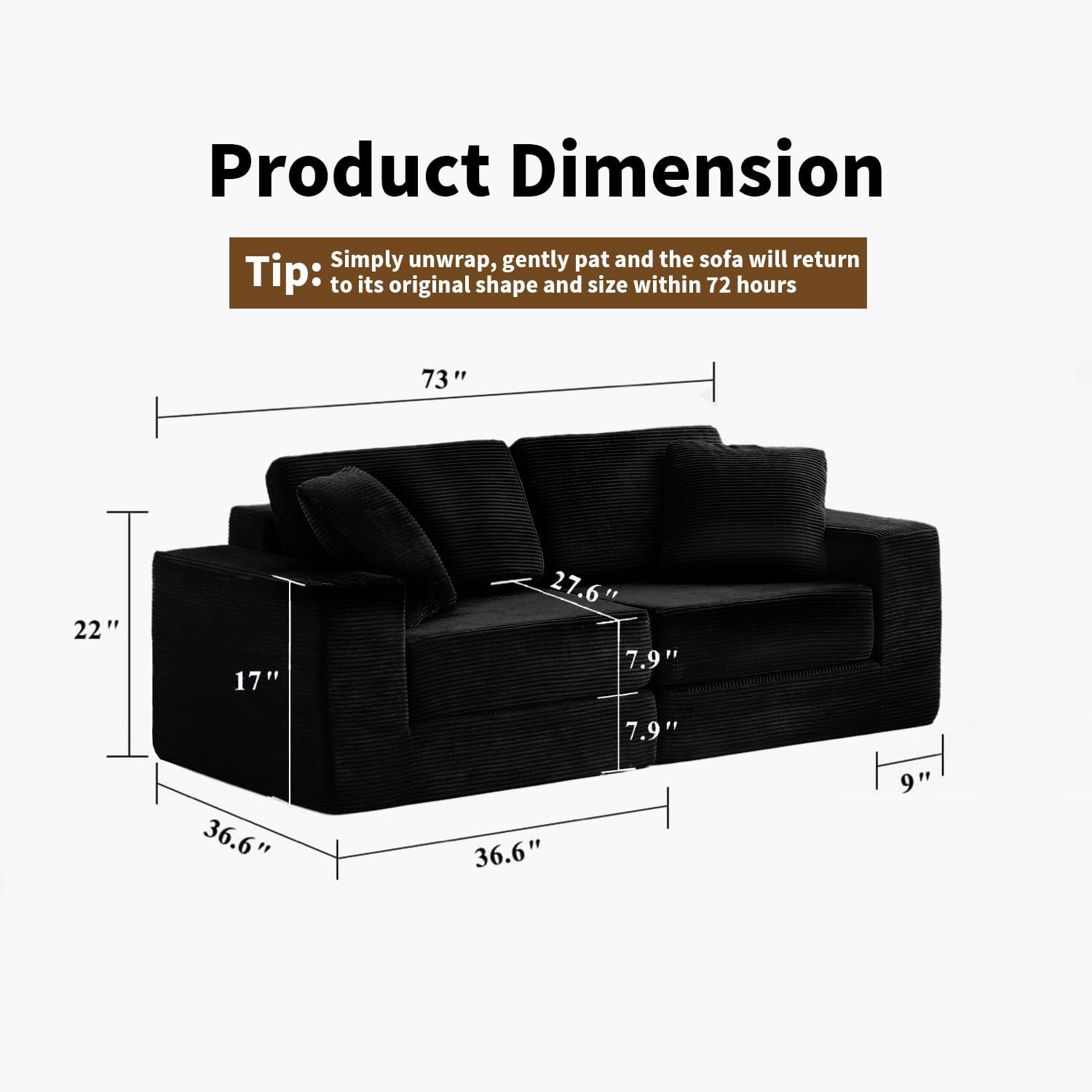 FILUXE Modular Sectional Sofa, Modern Modular Sofa Couch with Deep Seat，Comfy Cloud Couch, Sectional Couches for Living Room, Bedroom and Apartment，2-Seater，Black