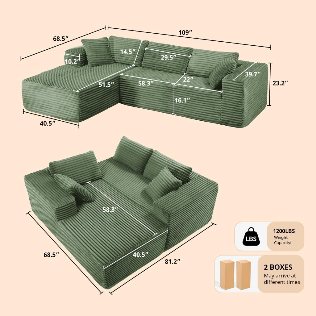 COMHOMA 105'Modular Sectional Sofa with Deep Seat,Cloud Upholstered L-Shape Couch Wide Arms Corduroy Fabric High-Density Foam Chaise Lounge for Living Room No Assembly Required