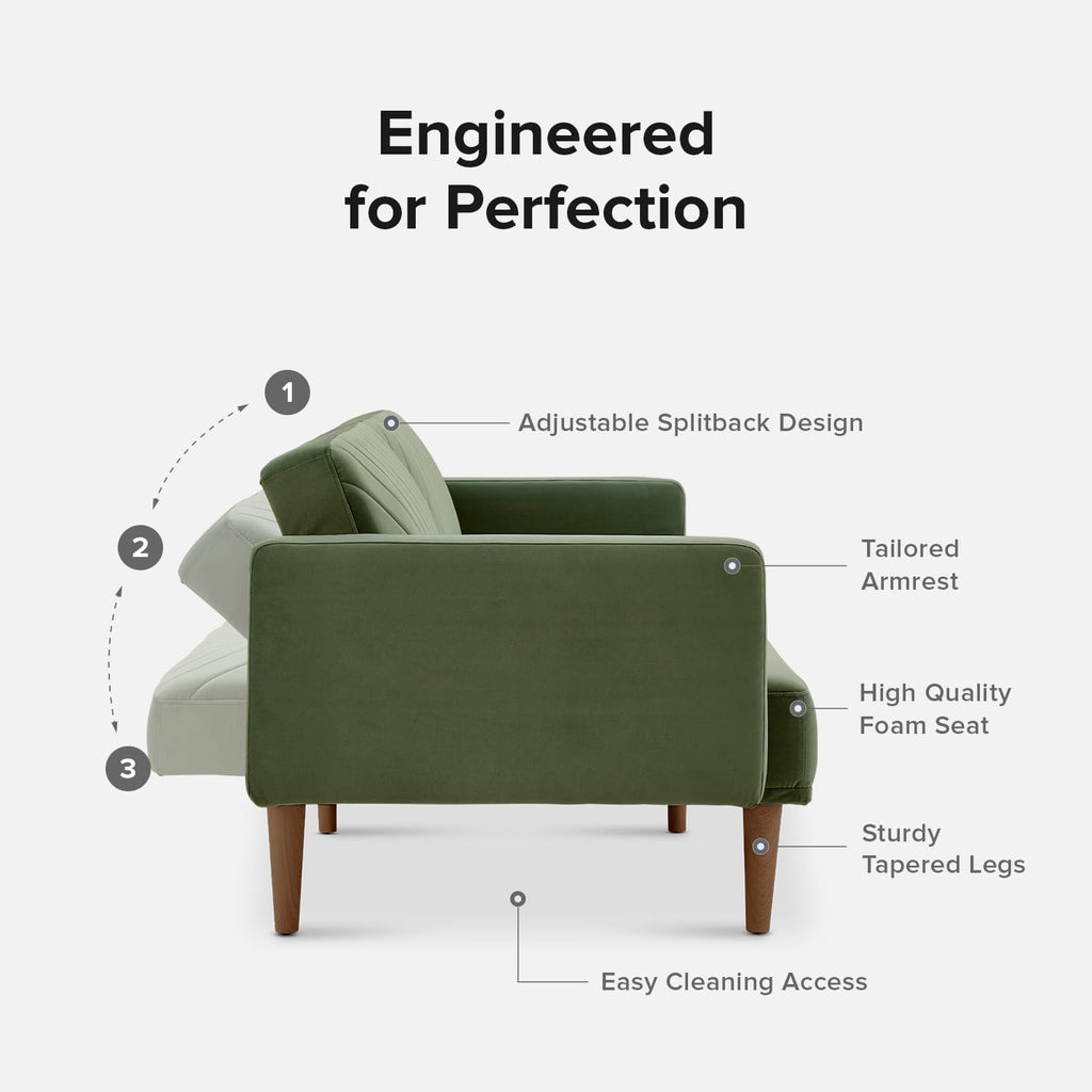 mopio 76.4' Futon Sofa Bed, Couch, Loveseat, Sleeper Sofa, Mid Century Modern Futon Couch, Sofa Cama, Couches for Living Room (Olive Green Premium Velvet)