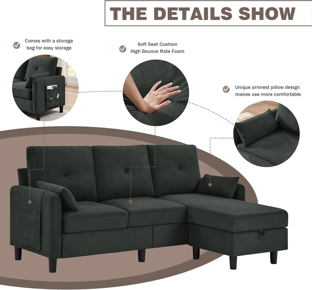 Convertible Sectional Sofa, 77' Small L Shaped 3 Seat Couch with Reversible Storage Chaise, Modern Polyester Fabric Sofa Couches for Living Room, Apartment and Small Space, Black